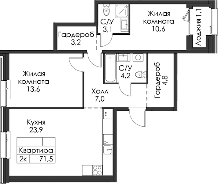 2-комнатная квартира 71.5 м², 7/8 эт., ЖК «Шкиперский 19»